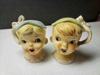 Vintage Pixieware Girls With Hats Anthropomorphic Salt And Pepper Shakers 1950s