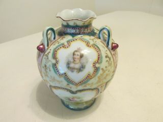 Vintage Hand Painted Enamel Porcelain 3 Handled Vase Queen Portrait 7 "