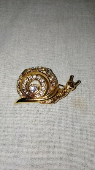 Vintage Signed Swan Logo Swarovski Snail Gold Tone Pin Brooch 1 3/4 " Long