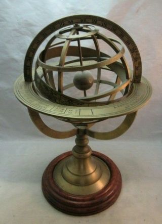 Vintage Brass Astrolabe Sphere With Wood Base