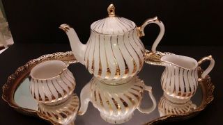 Gold White Art Deco Teapot Sugar Creamer Set Signed Numbered 2737 Sadler 22k