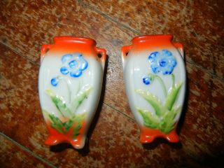 Vintage Japan Miniature Urn Vase Orange And White With Blue Flower Design