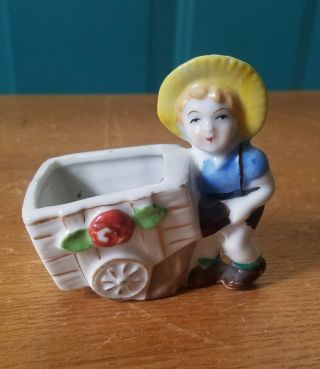 Small Ceramic Made In Occupied Japan Toothpick Holder Tiny Planter Boy And Cart