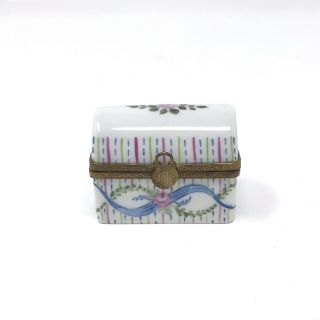 Limoges France Peint Main Hand Painted Signed Trinket Box White Pink Blue