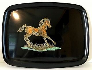 Couroc Of Monterey Black Tray Gold Horse 9.  5 " X 12.  5 " Mid Century Usa Euc