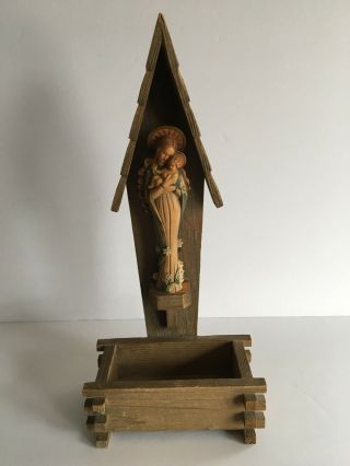 Vintage Anri Mary And Jesus Wood Planter Labels Almost 14 " Tall