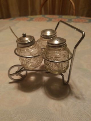 Vintage Glass Salt And Pepper Set With Sugar Holder In Wheel Barrel Holder