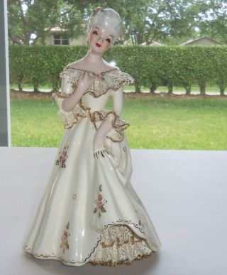 Vintage Florence Ceramics Eve Figurine In Off White & Gold Trim Lace Gown Dress