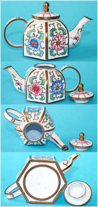 Chinese Vintage Cloisonne Small Tea Pot Brass & Enamel