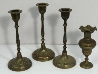 3 Vintage Etched Brass Candlestick Candle Holders 7 " & 6.  75 ",  1 Vase 5 " India