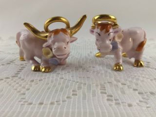 Vintage Golden Bull Cow Halo Salt Pepper Shakers Set Pink Porcelain Japan