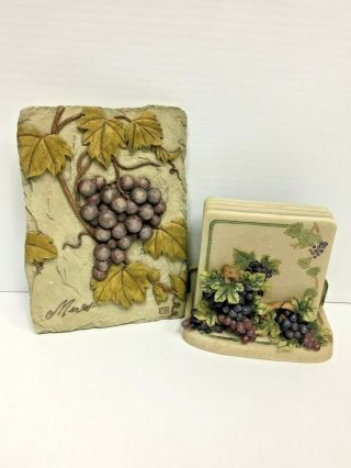 Set Of 4 Richesca Carparatian Coasters With Holder & Wall Plaque - Merlot,  Grapes