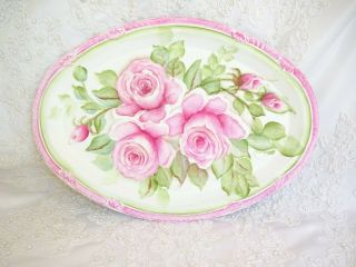 Bydas Deep Pink Rose Tray Plaque Hp Hand Painted Chic Shabby Vintage Cottage Art