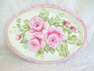 byDAS DEEP PINK ROSE TRAY PLAQUE hp hand painted chic shabby vintage cottage art 2