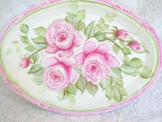 byDAS DEEP PINK ROSE TRAY PLAQUE hp hand painted chic shabby vintage cottage art 3