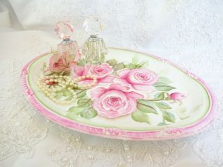 byDAS DEEP PINK ROSE TRAY PLAQUE hp hand painted chic shabby vintage cottage art 6