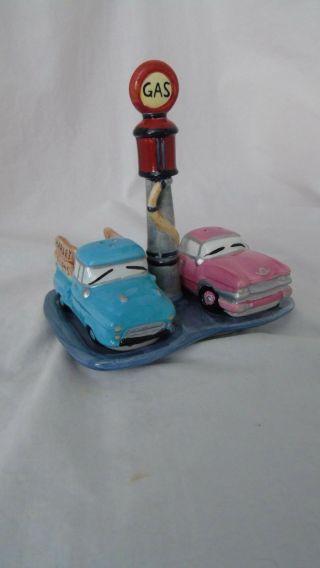Gas Station With Pink Cadillac And Blue Truck Salt And Pepper Shakers Pre - Owned