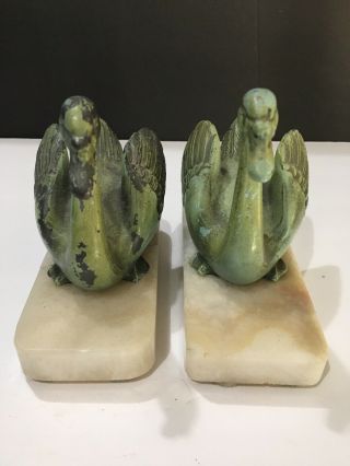 Art Deco Style Swan Bookends Marble Base Green Metal Cast Iron Swan Pair