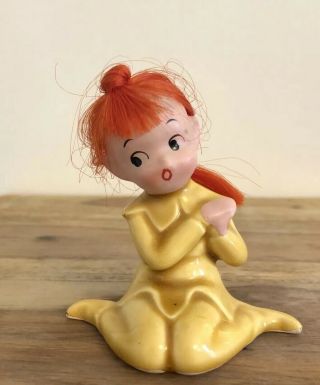 Vtg Pixie Elf Red Hair Yellow Girl Elf Ceramic Figurine 3.  5” Made In Japan