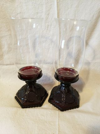 Vintage Pair Avon Cape Cod Ruby Red Glass Hurricane Candle Holders & Globes