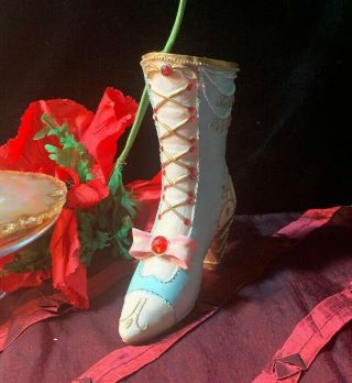 Vintage Blue Lady Shoe Boot Med Heel Porcelain Ceramic Gold Gilt Trim Pink Bow