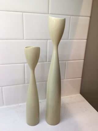 2 Vintage Denmark Mid Century Tall Ivory Wood Candlestick Candle Holders