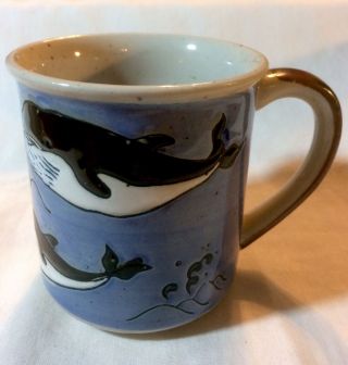Blue Stoneware Coffee Mug Blue Whales 3b