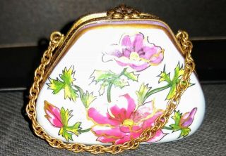 Limoges France Hinged Lid Trinket Box,  Hand Painted Purse With Chain,  Flowers