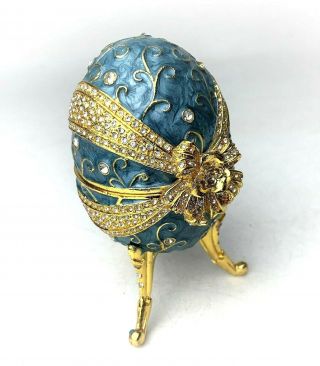 Faberge Egg Blue & Gold Ribbon With Clear Stones W Music Box Christmas Wedding