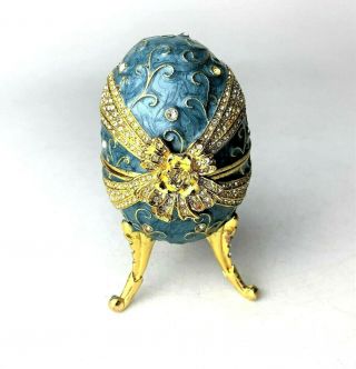 Faberge Egg Blue & Gold Ribbon with Clear Stones w Music Box Christmas Wedding 2