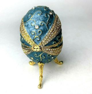 Faberge Egg Blue & Gold Ribbon with Clear Stones w Music Box Christmas Wedding 4