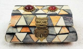 Vintage Small Wild Boar Tusk Bone Lined Trinket Jewelry Box From Borneo