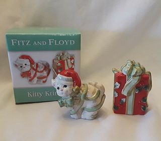 FITZ AND FLOYD CHRISTMAS SALT PEPPER SHAKER SET Kitty Kringle & Present CAT BOX 2
