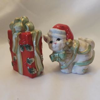 FITZ AND FLOYD CHRISTMAS SALT PEPPER SHAKER SET Kitty Kringle & Present CAT BOX 3