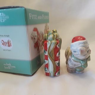 FITZ AND FLOYD CHRISTMAS SALT PEPPER SHAKER SET Kitty Kringle & Present CAT BOX 4