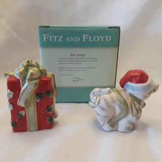FITZ AND FLOYD CHRISTMAS SALT PEPPER SHAKER SET Kitty Kringle & Present CAT BOX 5