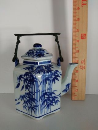 Vintage Blue And White Asian Oriental Porcelain Teapot Tea Pot Brass (?) Handle