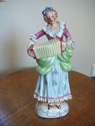Occupied Japan - Large 9 - 1/4 " Figurine Colonial Lady With Concertina - Gold Trim