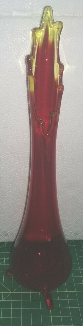Vintage Mid Century Modern Red Gold Amber Flame Studio Art Glass Vase 13.  5 " Tall