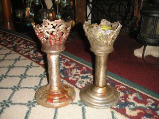 Vintage Gothic Candlestick Holders - Pair - Religious Church Funeral Home - Metal - Odd