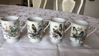 Royal Crown Porcelain Pedestal Gold Trim Bird Coffee/tea Cups Set Of 4