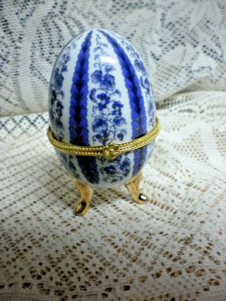 Vintage Porcelain Egg White Blue Floral Gold Footed Hinged Lid Trinket Box 1