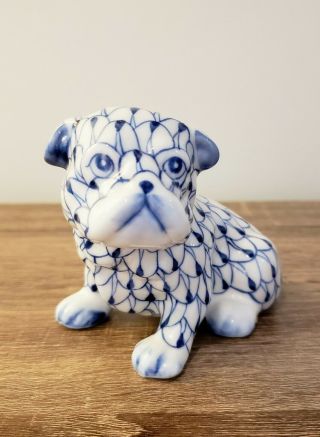 Vintage Pug Dog Porcelain Figurine Andrea By Sadek Blue White Fishnet