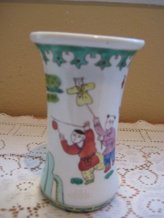 Vintage Chinese Hand Painted Pottery Small Vase/cup/brush Box (rare)