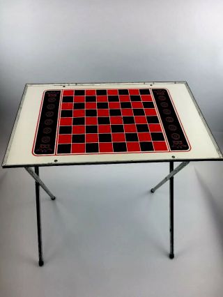 Vintage Metal Tv Lunch Tray Chess Checker Game Board Fold Up Legs Table 50s 60s