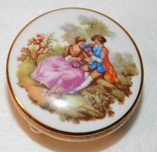 Limoges France Porcelain Trinket Box White Gold Courting Couple Footed Unhinged