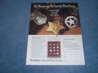 1989 Franklin Mints " Official Badges Of The Great Western Lawmen " Vintage Ad