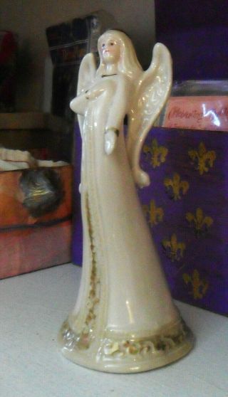 Vintage Porcelain Ceramic Angel Figurine & Bell Cream,  Gold,  Right Hand On Heart