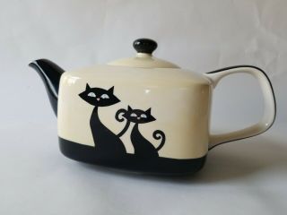 Hues N Brews Teapot Ceramic Square Ivory Black Cats Pawprints 6 Cup