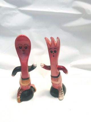Vintage Anthropomorphic Pink Fork & Spoon Salt & Pepper Shaker Set Japan